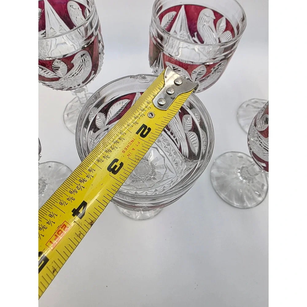 Vintage Bohemian Ruby Red Cut to Clear Crystal Wine Goblets Etched Bird Set of 6